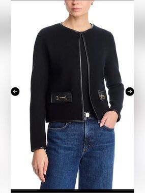 SIONI Faux Leather Trim Black Collarless Cropped Cardigan Jacket